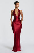 CELESTIA | Elegantes Satin-Maxikleid – Tiefrot