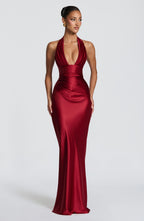 CELESTIA | Elegantes Satin-Maxikleid – Tiefrot