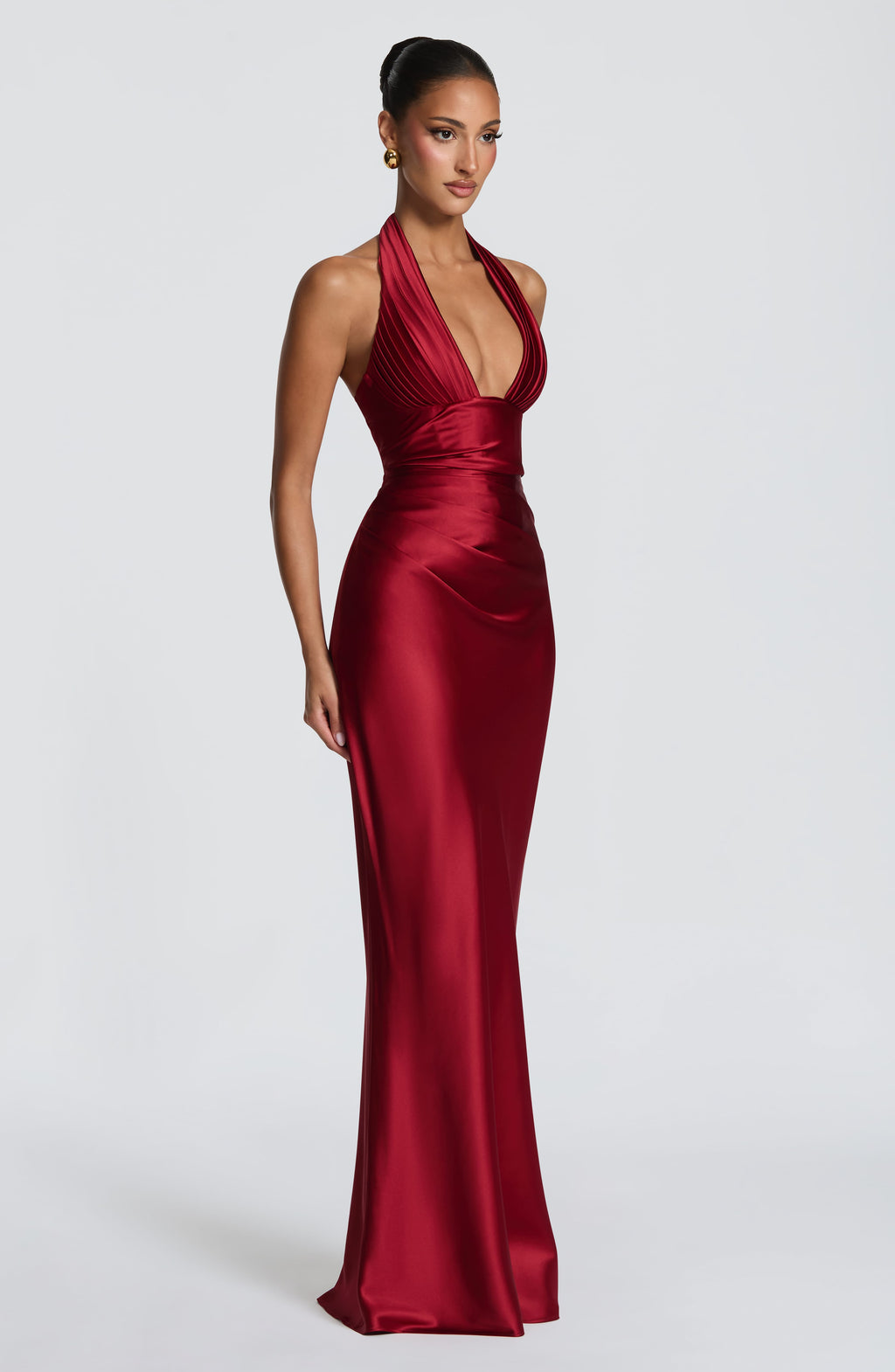 CELESTIA | Elegantes Satin-Maxikleid – Tiefrot