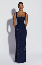 VALENCIA | Elegantes Glitzer-Maxikleid – Navy Sparkle