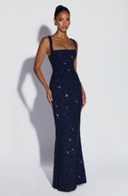 VALENCIA | Elegantes Glitzer-Maxikleid – Navy Sparkle