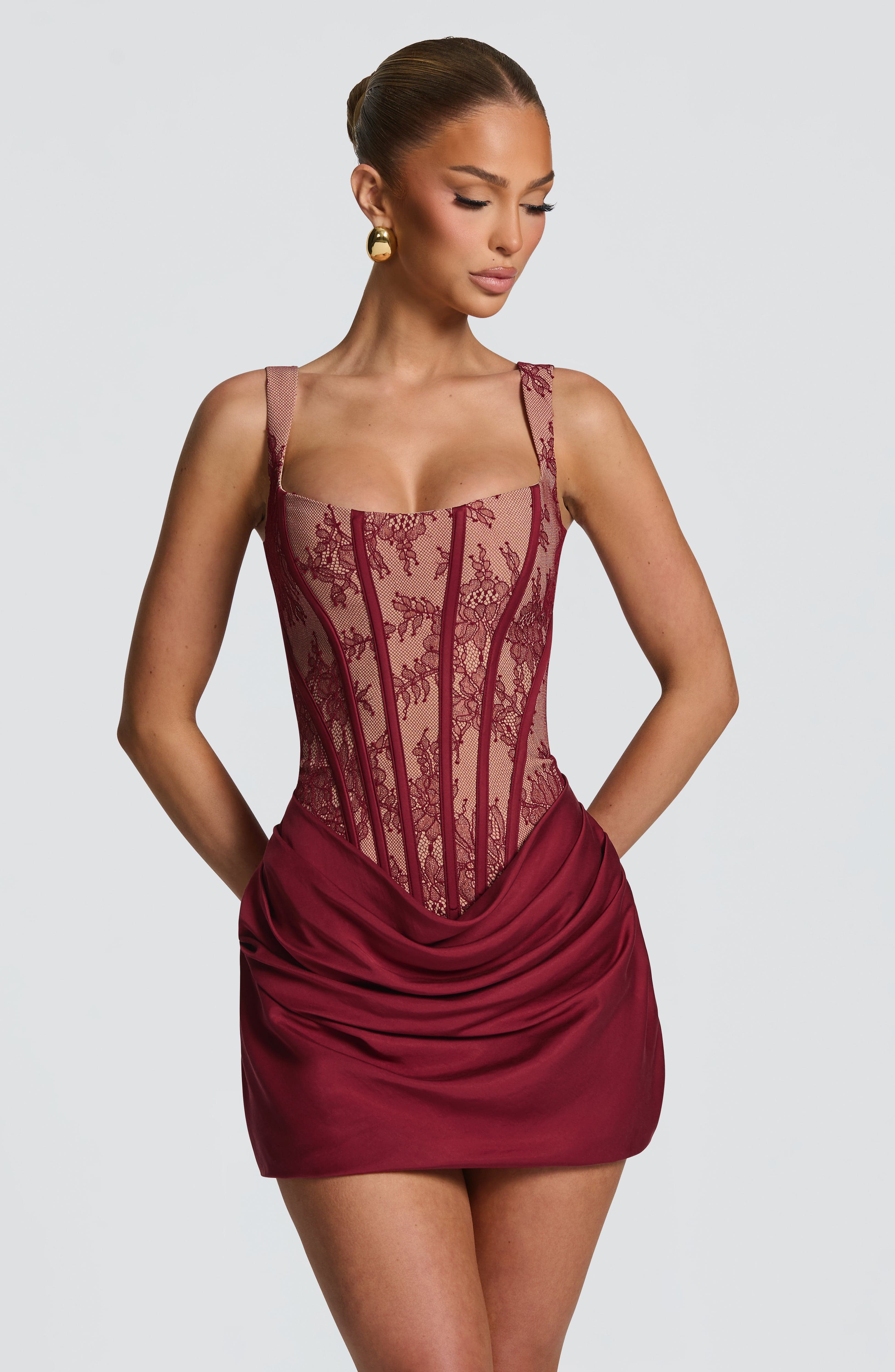 NATALIA | Elegantes Spitzen-Mini Kleid – Burgunderrot