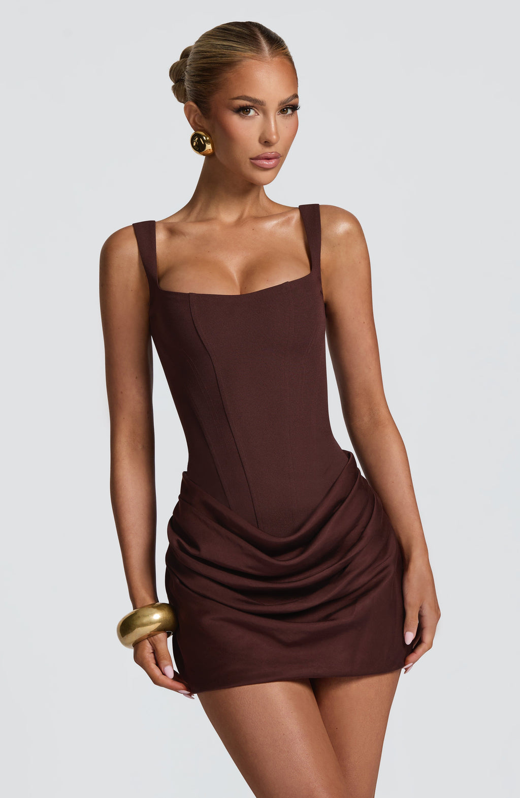 ARIELLA | Elegantes Mini Kleid mit Korsagen-Design – Pflaumenbraun