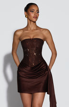 SORAYA | Elegantes Mini Kleid mit Strass-Details – Pflaumenbraun
