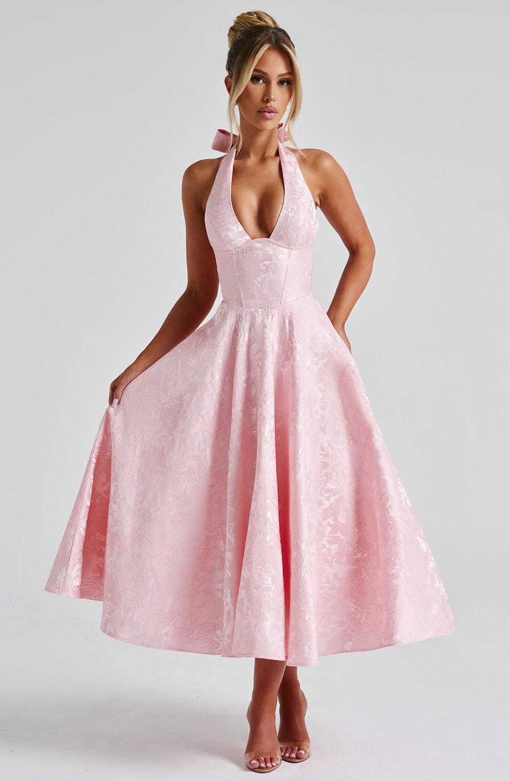 EVELINA | Elegantes Midi Kleid mit floraler Jacquard-Struktur – Blush