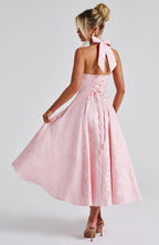 EVELINA | Elegantes Midi Kleid mit floraler Jacquard-Struktur – Blush