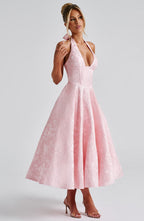 EVELINA | Elegantes Midi Kleid mit floraler Jacquard-Struktur – Blush