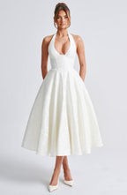 EVELINA | Elegantes Midi Kleid mit floraler Jacquard-Struktur – Ivory