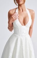 EVELINA | Elegantes Midi Kleid mit floraler Jacquard-Struktur – Ivory