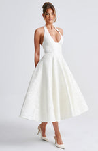 EVELINA | Elegantes Midi Kleid mit floraler Jacquard-Struktur – Ivory
