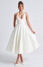 EVELINA | Elegantes Midi Kleid mit floraler Jacquard-Struktur – Ivory