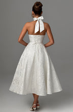 EVELINA | Elegantes Midi Kleid mit floraler Jacquard-Struktur – Ivory