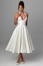 EVELINA | Elegantes Midi Kleid mit floraler Jacquard-Struktur – Ivory