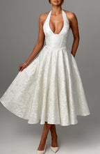 EVELINA | Elegantes Midi Kleid mit floraler Jacquard-Struktur – Ivory
