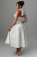 EVELINA | Elegantes Midi Kleid mit floraler Jacquard-Struktur – Ivory