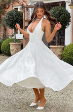 EVELINA | Elegantes Midi Kleid mit floraler Jacquard-Struktur – Ivory