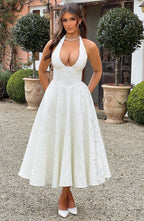 EVELINA | Elegantes Midi Kleid mit floraler Jacquard-Struktur – Ivory