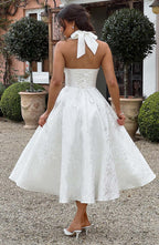 EVELINA | Elegantes Midi Kleid mit floraler Jacquard-Struktur – Ivory
