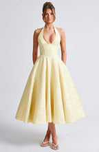 EVELINA | Elegantes Midi Kleid mit floraler Jacquard-Struktur – Lemon
