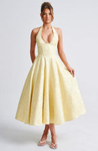 EVELINA | Elegantes Midi Kleid mit floraler Jacquard-Struktur – Lemon