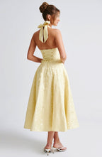 EVELINA | Elegantes Midi Kleid mit floraler Jacquard-Struktur – Lemon