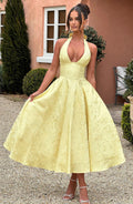 EVELINA | Elegantes Midi Kleid mit floraler Jacquard-Struktur – Lemon