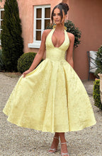 EVELINA | Elegantes Midi Kleid mit floraler Jacquard-Struktur – Lemon