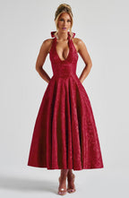 CELESTE | Elegantes Midi Kleid mit floraler Jacquard-Struktur – Rot