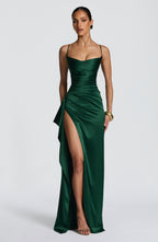 EMILIA | Elegantes Satin-Maxikleid – Smaragdgrün