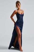 ARABELLA | Elegantes Satin-Maxikleid – Marineblau
