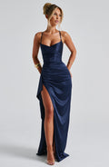 ARABELLA | Elegantes Satin-Maxikleid – Marineblau