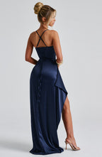 ARABELLA | Elegantes Satin-Maxikleid – Marineblau