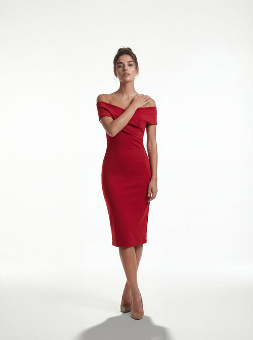 ADELINA | Elegantes Off-Shoulder Kleid – Rubinrot