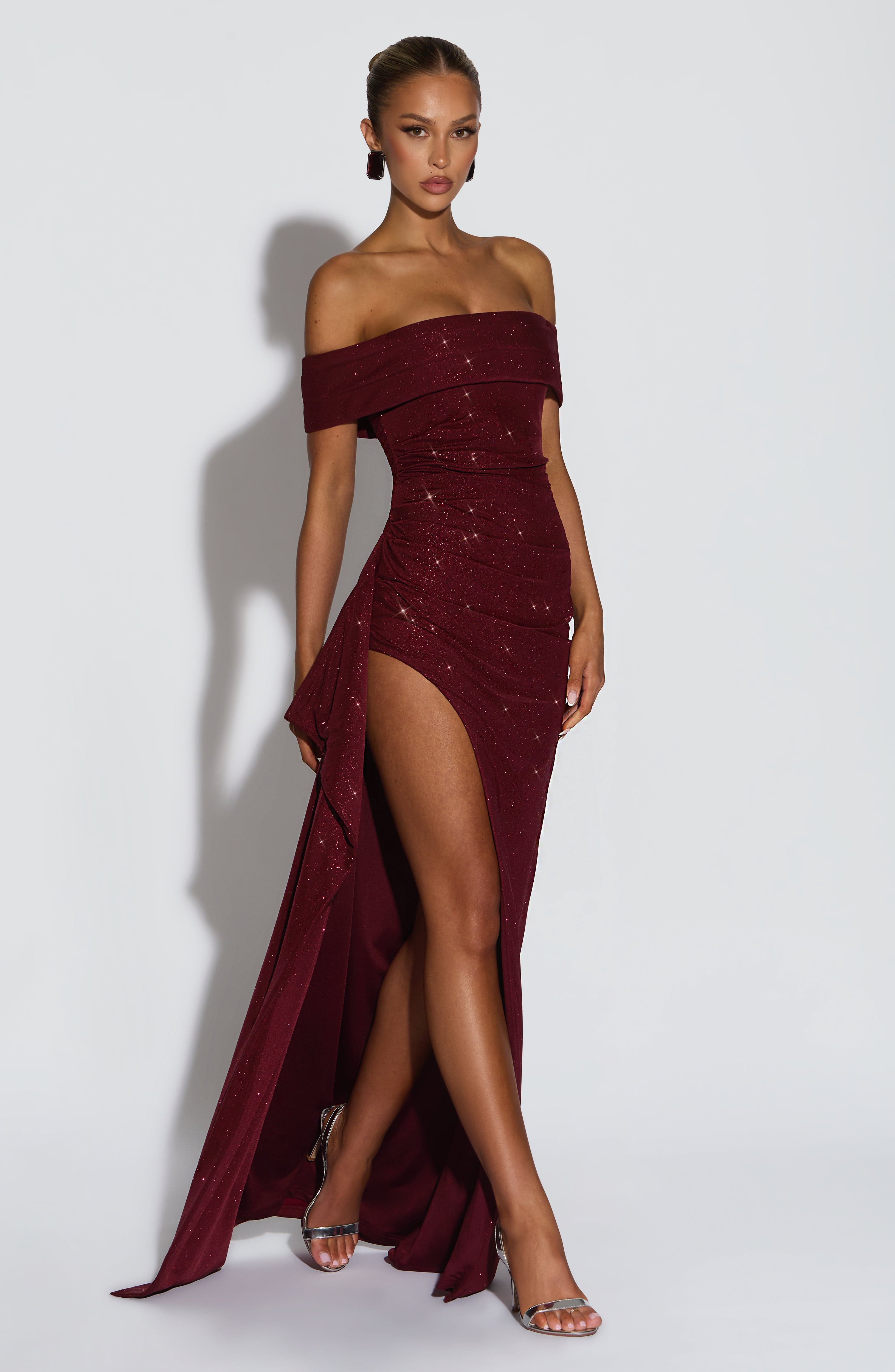 AURÉLIE | Elegantes Glitzer-Maxikleid – Wine Sparkle