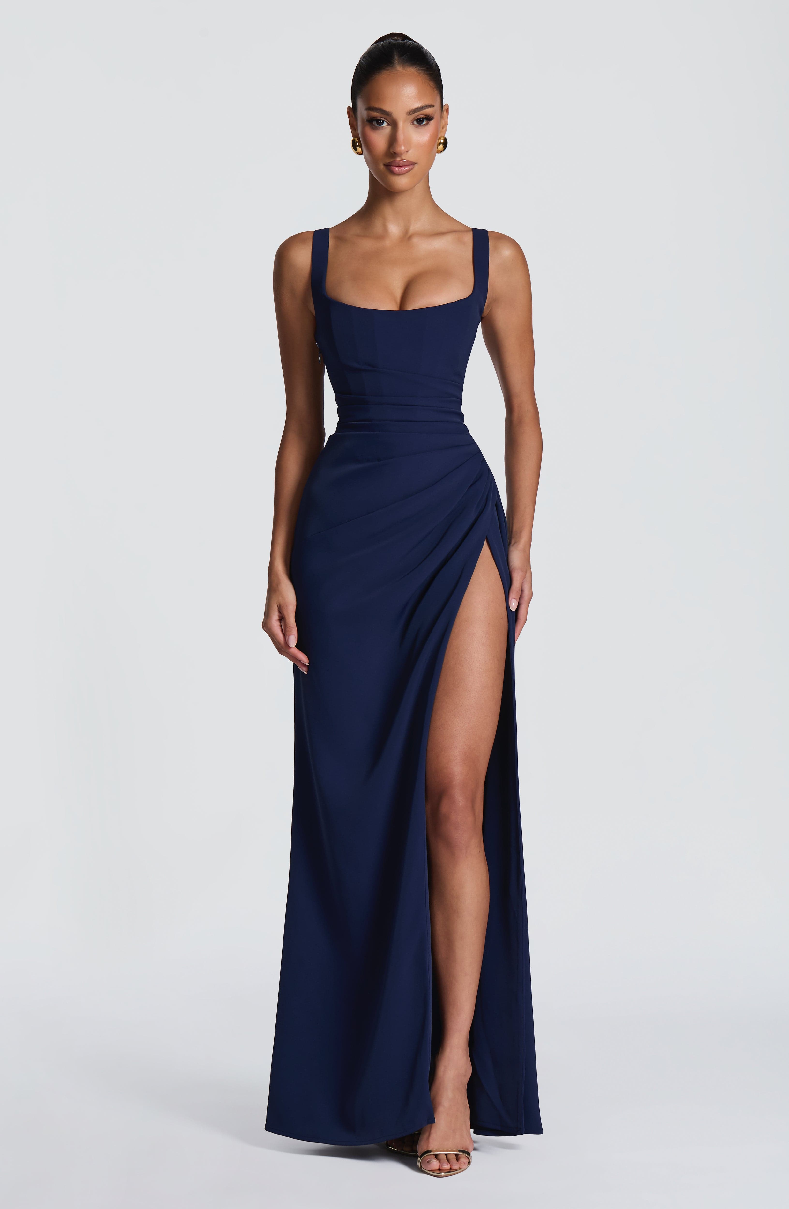 ÉLISE | Elegantes Maxi Kleid mit Wickelrock – Marineblau