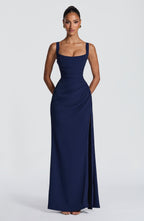 ÉLISE | Elegantes Maxi Kleid mit Wickelrock – Marineblau