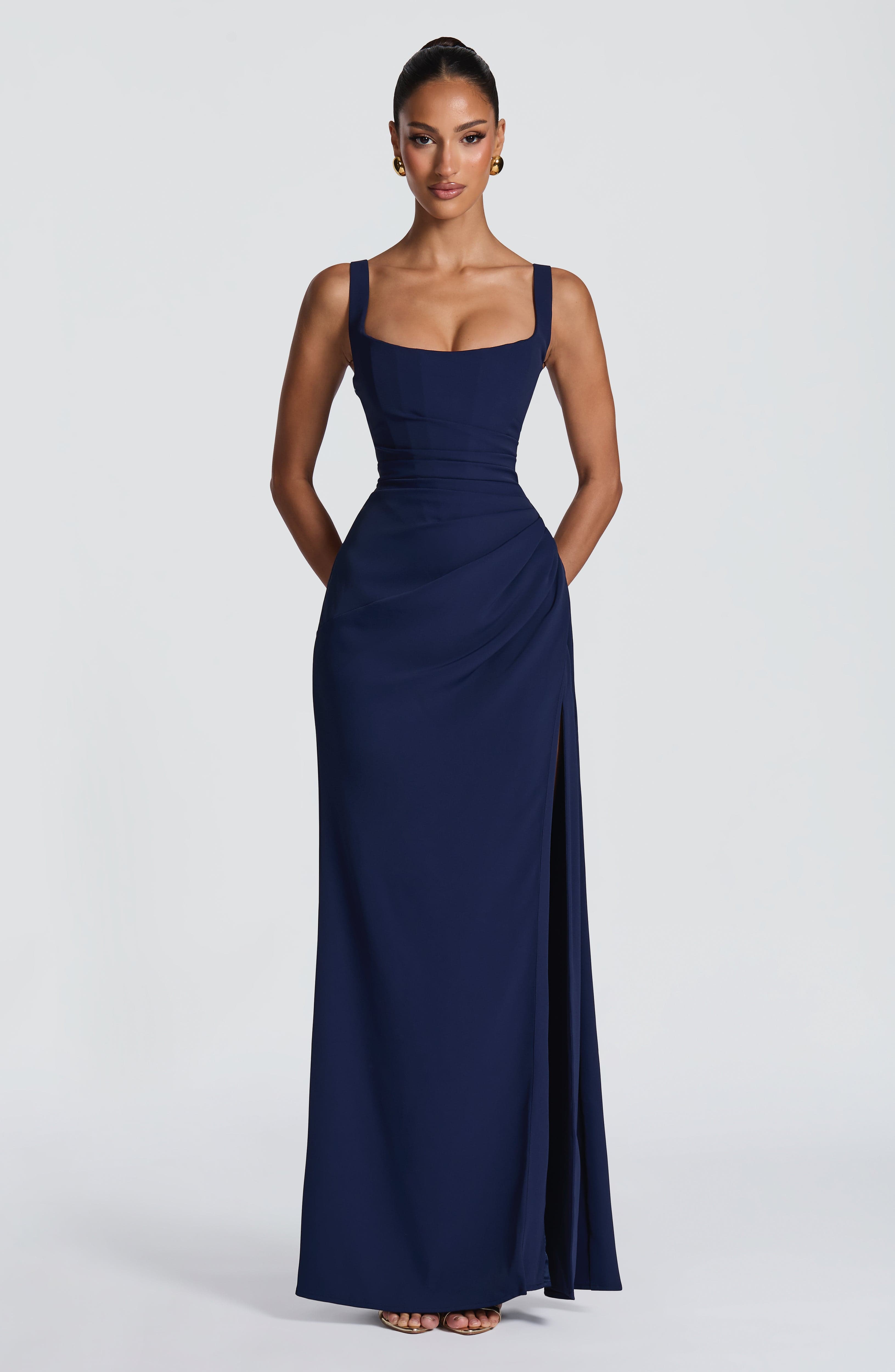 ÉLISE | Elegantes Maxi Kleid mit Wickelrock – Marineblau