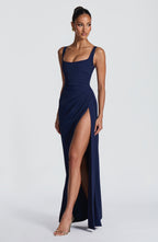 ÉLISE | Elegantes Maxi Kleid mit Wickelrock – Marineblau