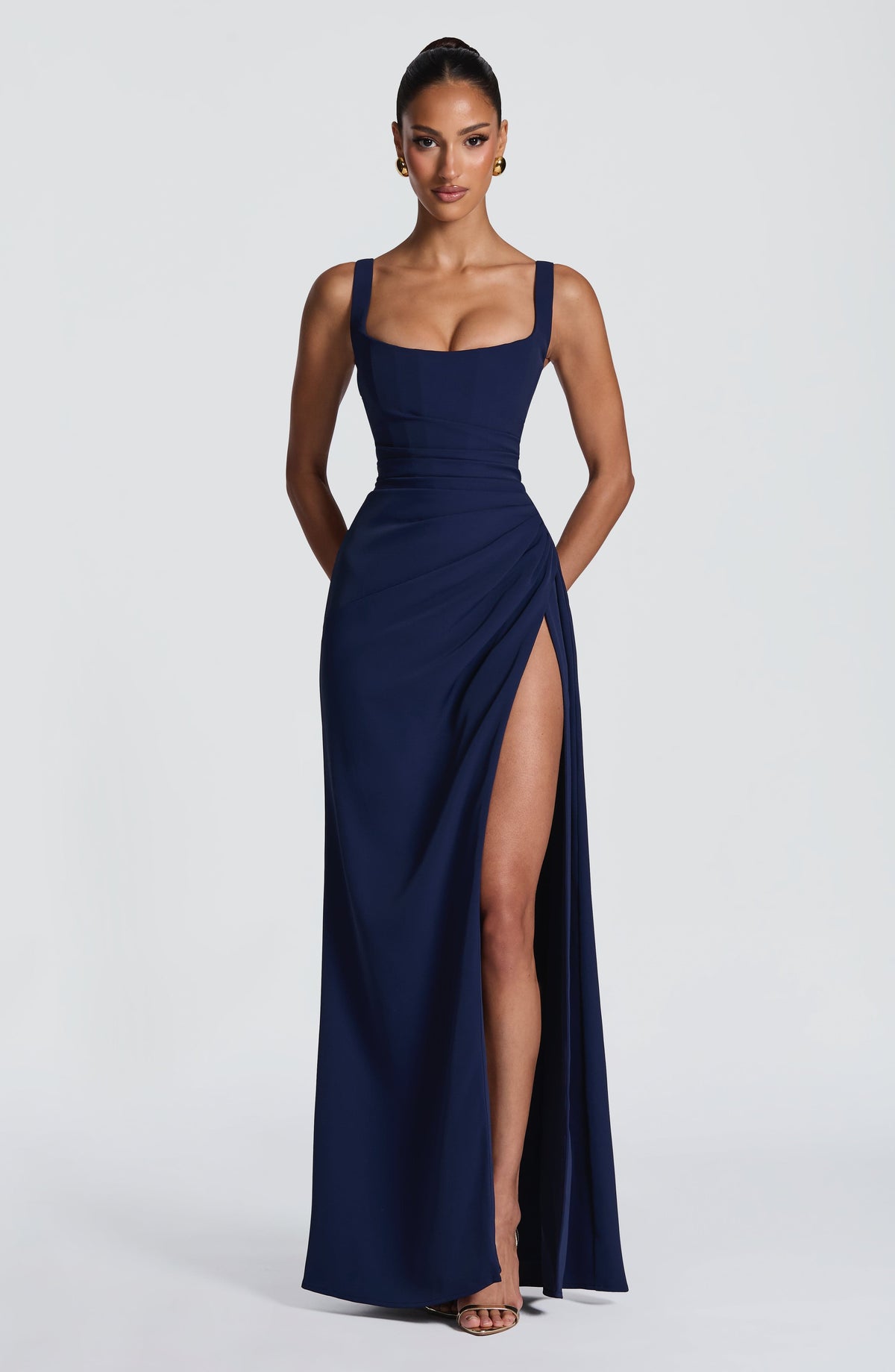 ÉLISE | Elegantes Maxi Kleid mit Wickelrock – Marineblau