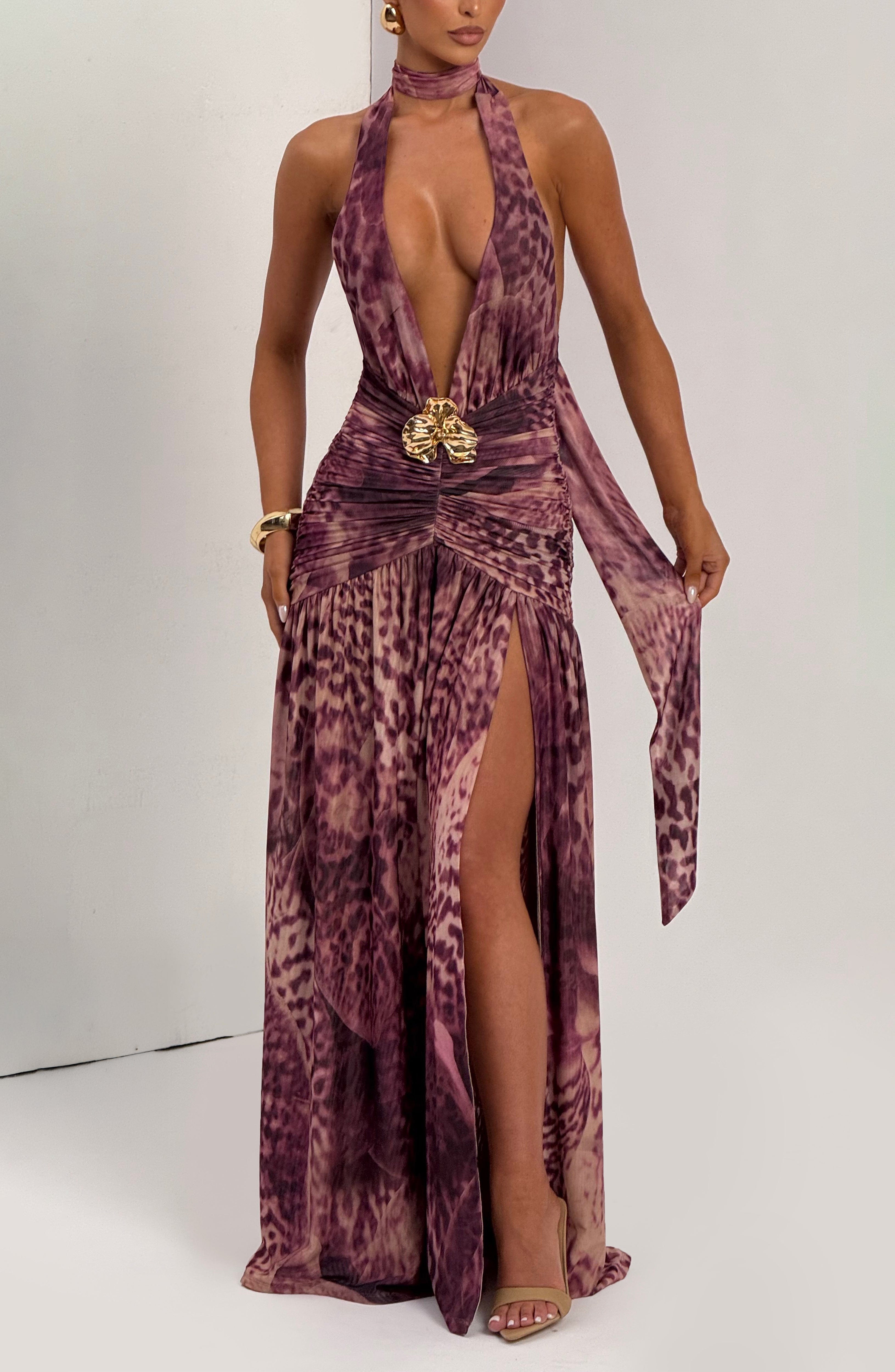 AMÉLIA | Elegantes Maxi Kleid – Magenta Orchid Print