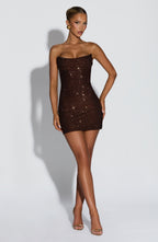 VALENTINA | Elegantes Strass-Minikleid – Pflaumenbraun