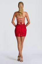 FLORENTINE | Elegantes Mini Kleid mit floralen Applikationen – Rot