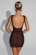 VIVIENNE | Elegantes Strass-Minikleid – Pflaumenbraun