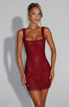 VIVIENNE | Elegantes Strass-Minikleid – Weinrot