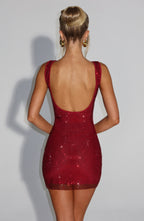 VIVIENNE | Elegantes Strass-Minikleid – Weinrot