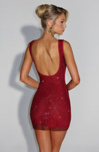 VIVIENNE | Elegantes Strass-Minikleid – Weinrot
