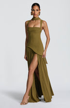 ALESSIA | Elegantes Maxi Kleid mit Chiffon-Rock – Olivgrün