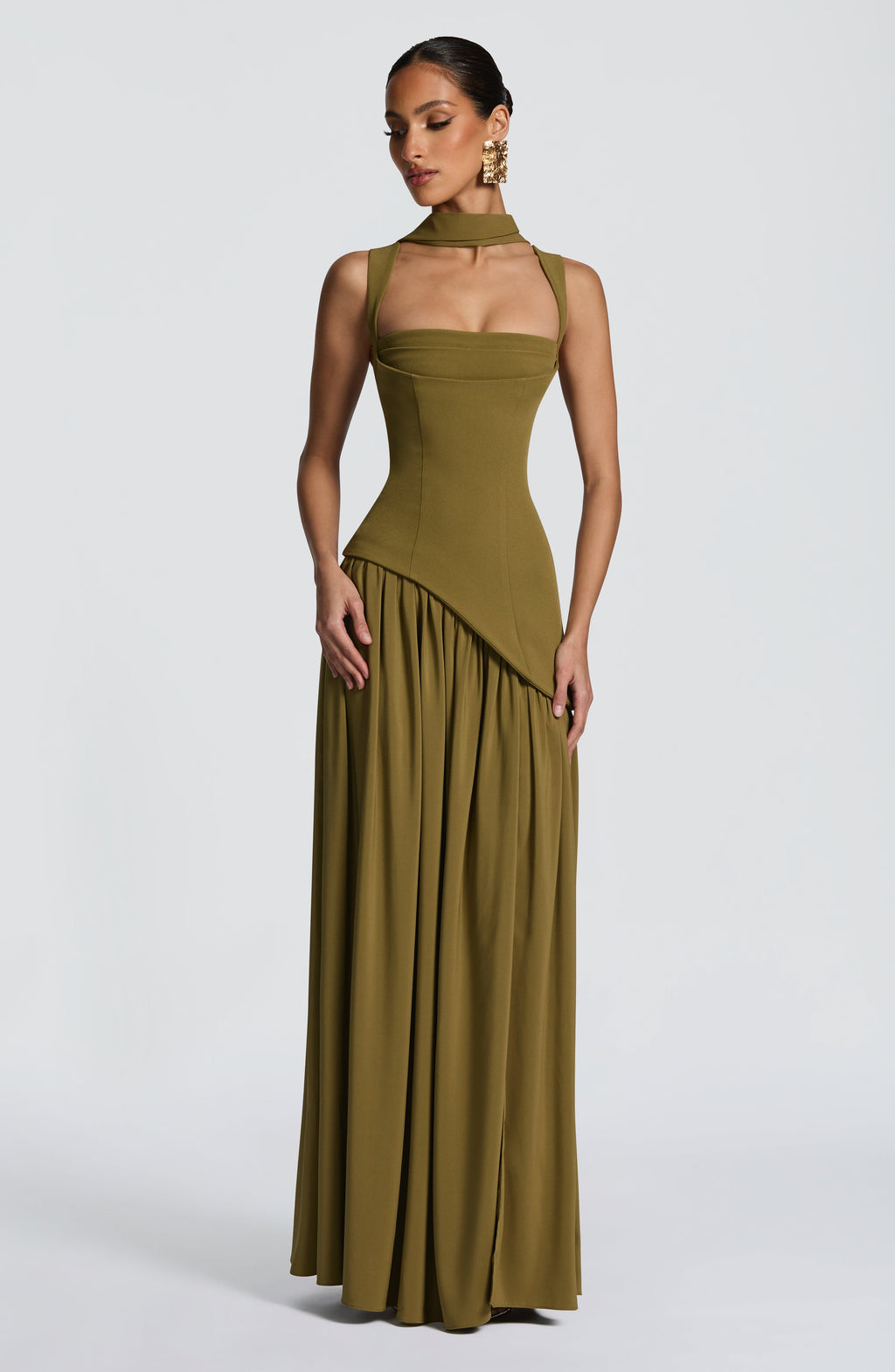 ALESSIA | Elegantes Maxi Kleid mit Chiffon-Rock – Olivgrün