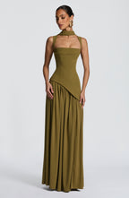 ALESSIA | Elegantes Maxi Kleid mit Chiffon-Rock – Olivgrün