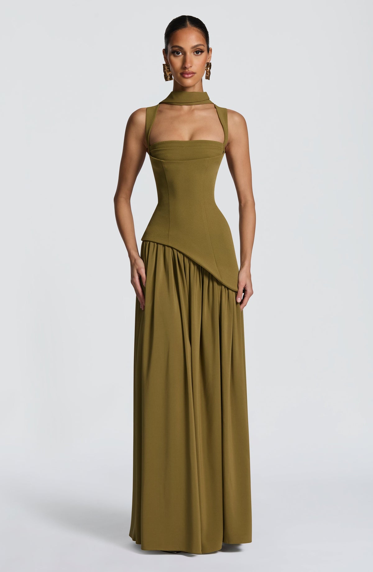 ALESSIA | Elegantes Maxi Kleid mit Chiffon-Rock – Olivgrün